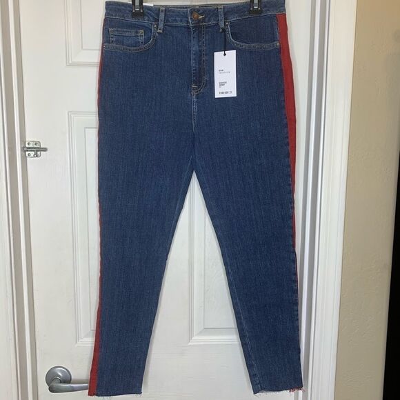 Forever 21 High Rise Skinny Raw Hem Red Stripe - Picture 3 of 12